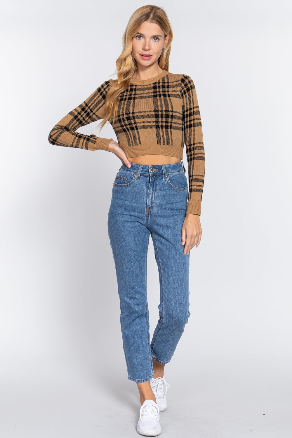 Long Sleeve Checker Crop Sweater - Brinxx Couture