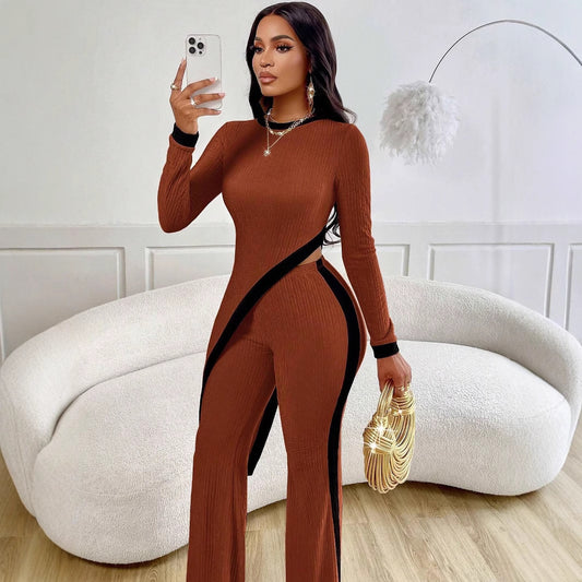 A stylish Long Sleeve Contrast Split Two Piece Set for women. this piece adds a touch of elegance to your outfit - Brinxx Couture