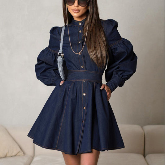 A stylish Long Sleeve Denim Shirt Dress for women. this piece adds a touch of elegance to your outfit - Brinxx Couture