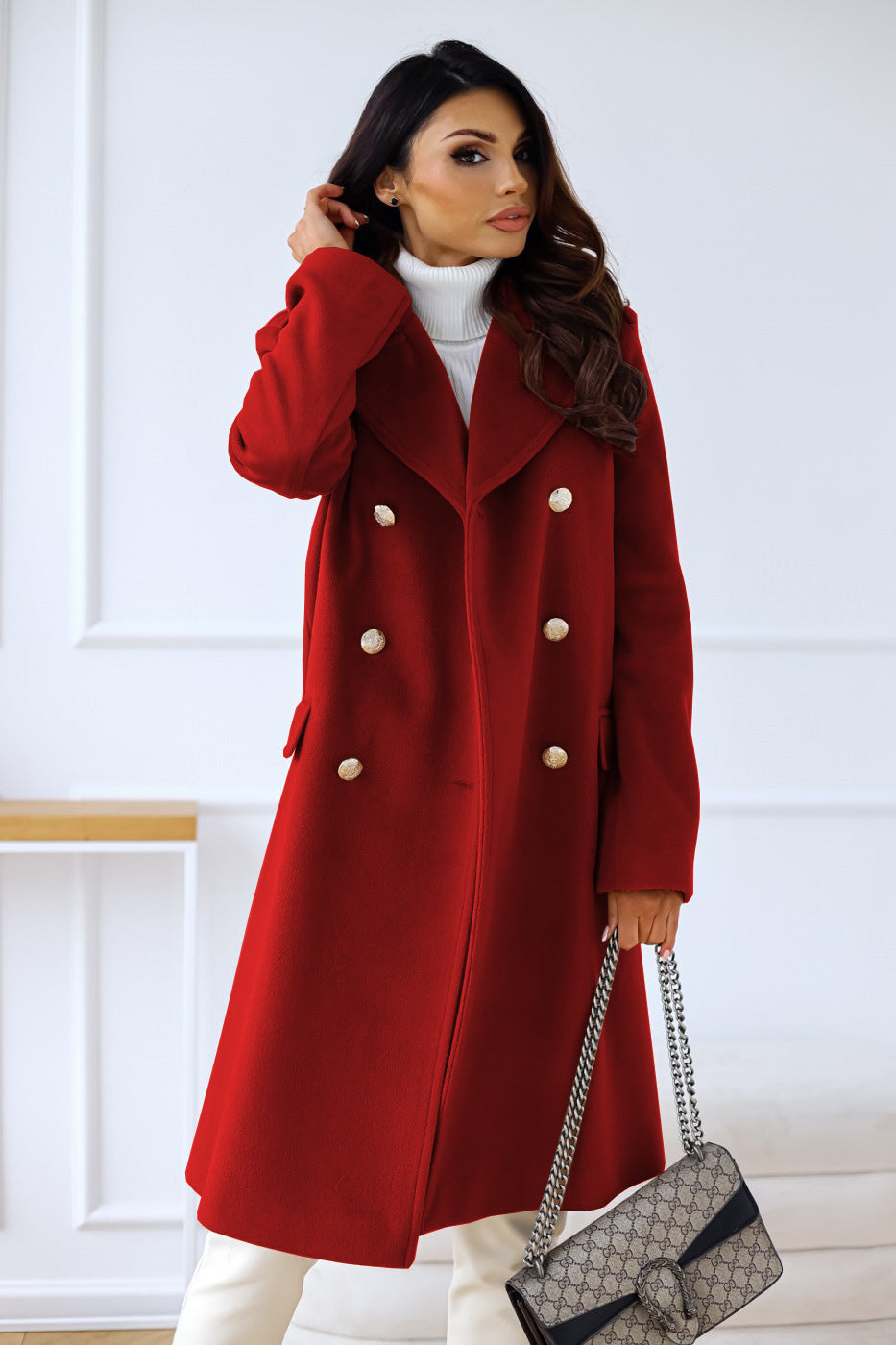 Long Sleeve Double Breasted Woolen Coat - Brinxx Couture