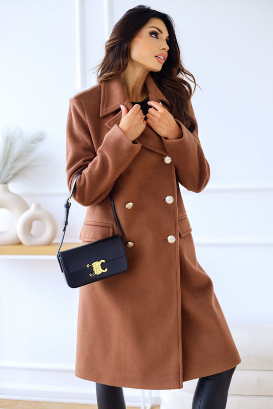 A stylish Long Sleeve Double Breasted Woolen Coat for women. this piece adds a touch of elegance to your outfit - Brinxx Couture