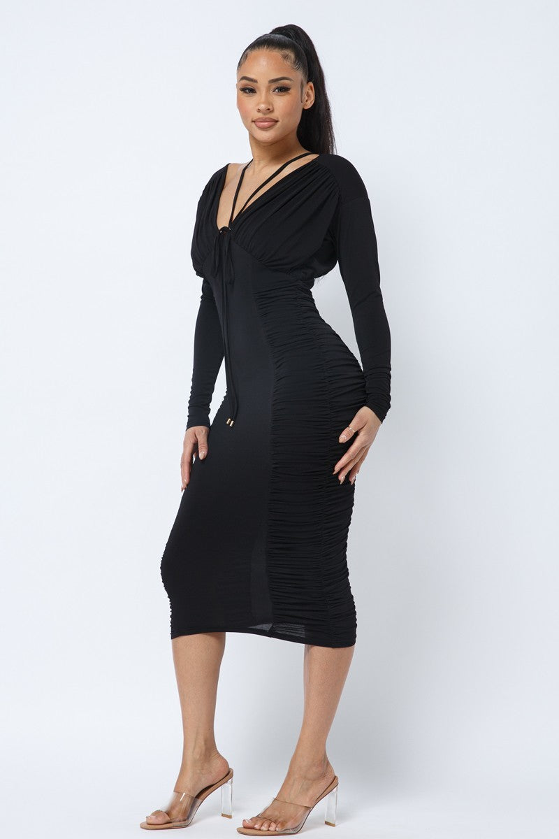 Long Sleeve Midi Dress With Low V Neck Front And Back With Ruching On Sides And Chest - Brinxx Couture