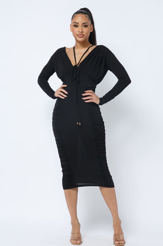 Long Sleeve Midi Dress With Low V Neck Front And Back With Ruching On Sides And Chest - Brinxx Couture