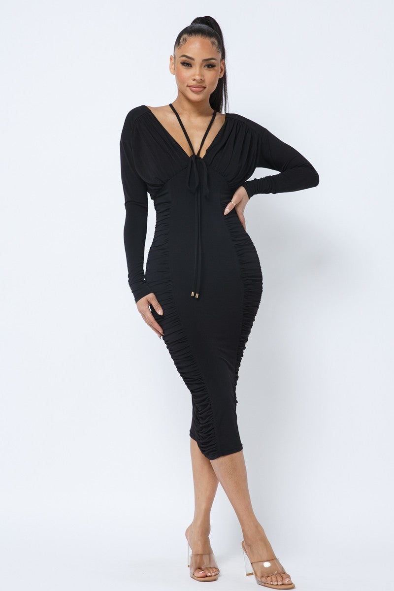 Long Sleeve Midi Dress With Low V Neck Front And Back With Ruching On Sides And Chest - Brinxx Couture