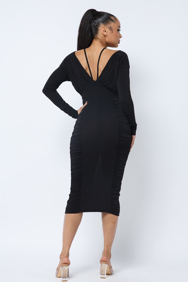 Long Sleeve Midi Dress With Low V Neck Front And Back With Ruching On Sides And Chest - Brinxx Couture