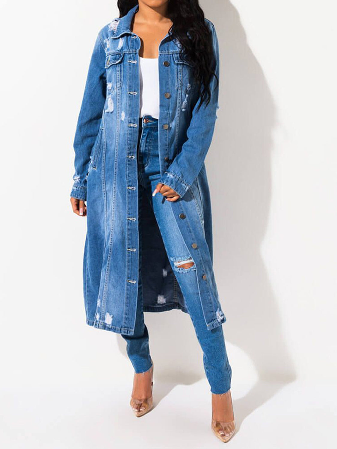 Long Sleeve Raw Hem Denim Jacket - Brinxx Couture