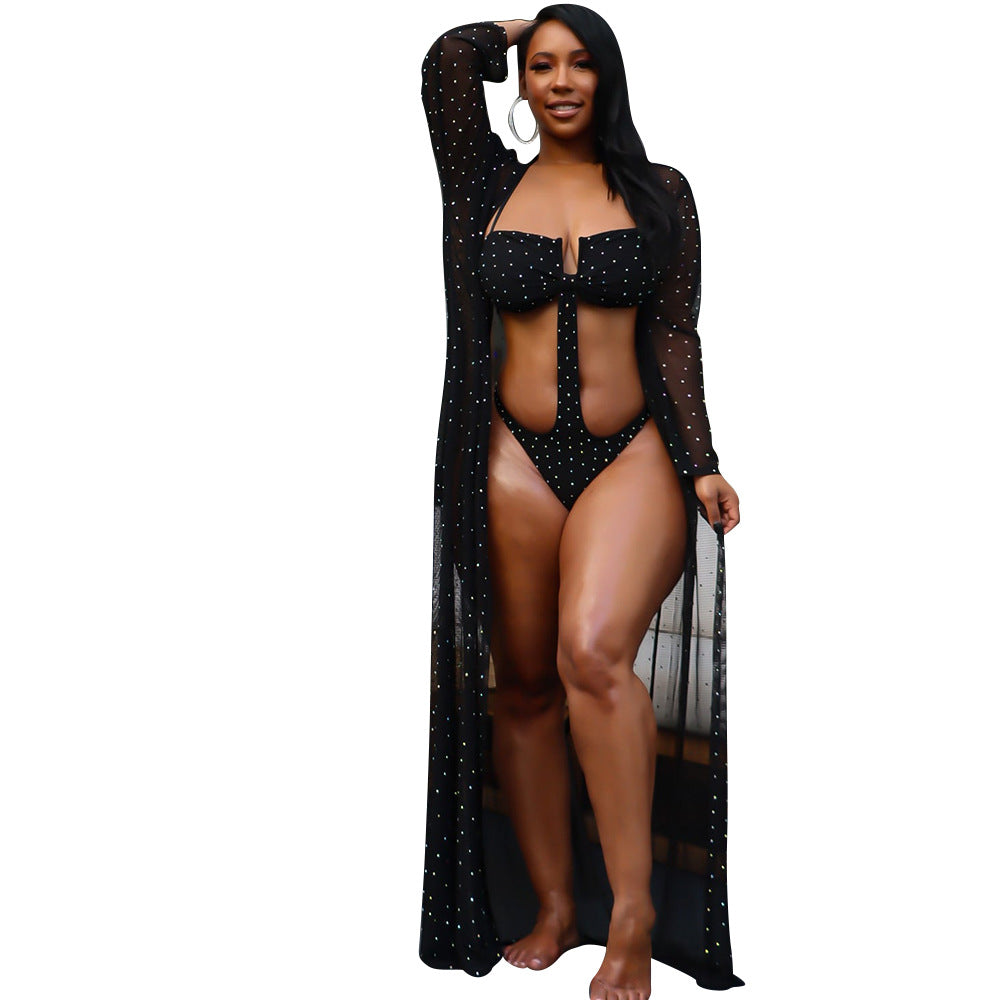 Mesh Rhinestone Long Sleeve Swimsuit & Cloak - Brinxx Couture