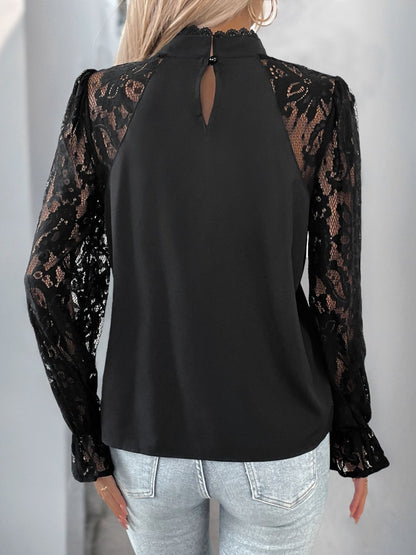 A stylish Mock Neck Lace Long Sleeve Blouse for women. this piece adds a touch of elegance to your outfit - Brinxx Couture