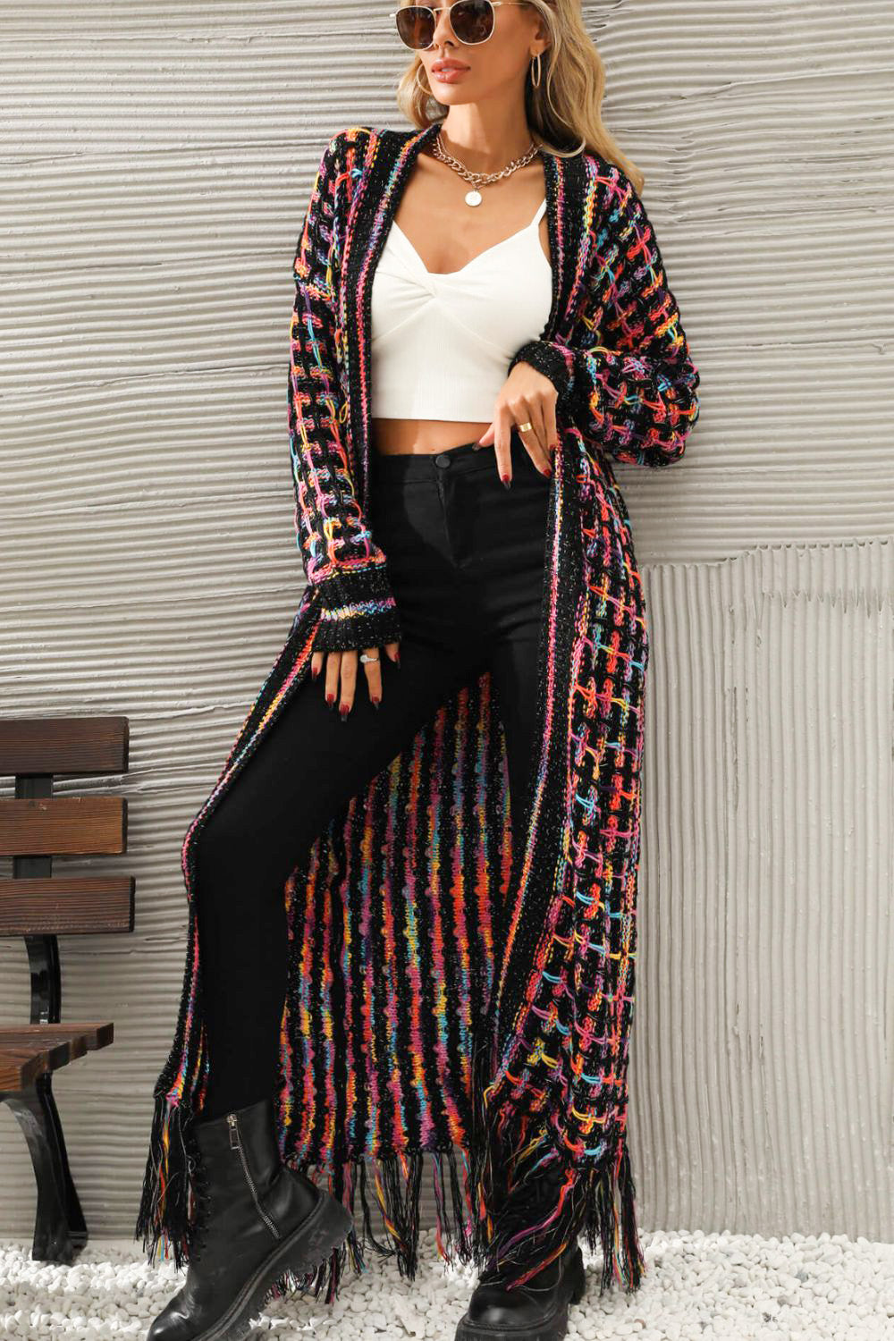 Multicolored Open Front Fringe Hem Cardigan - Brinxx Couture