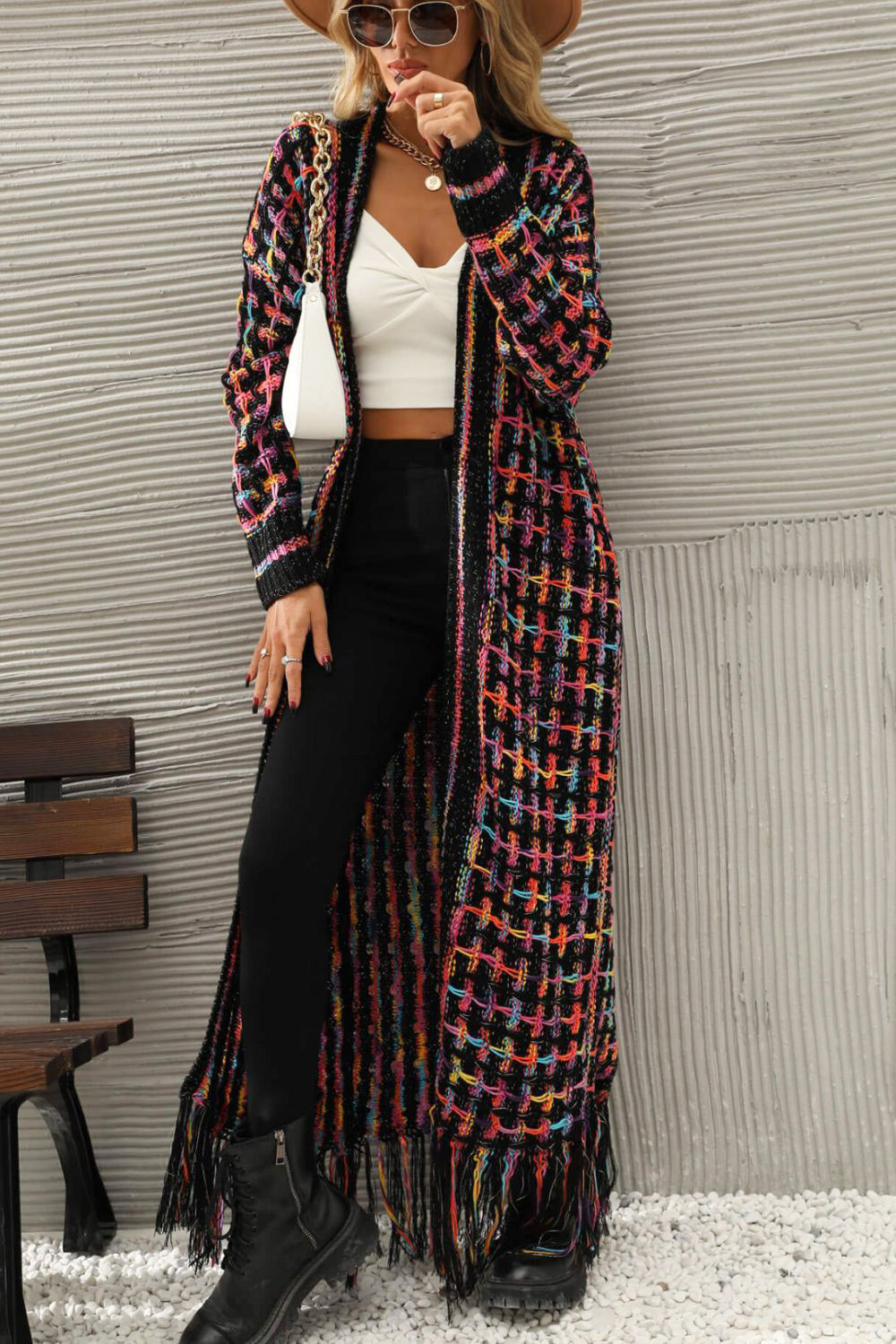 Multicolored Open Front Fringe Hem Cardigan - Brinxx Couture