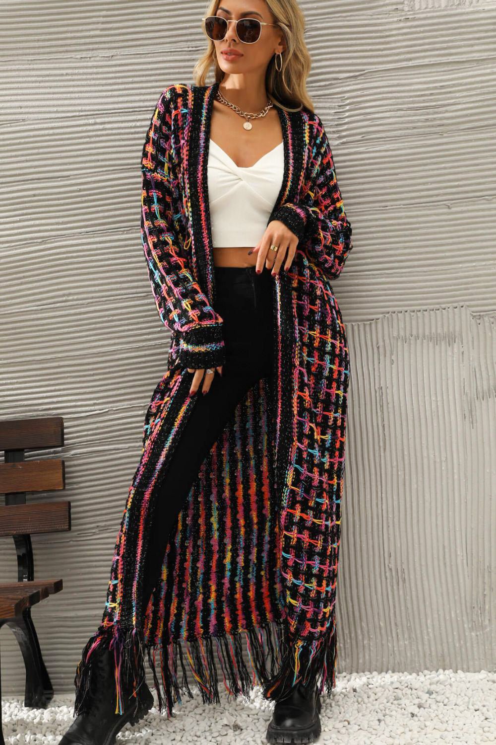 Multicolored Open Front Fringe Hem Cardigan - Brinxx Couture