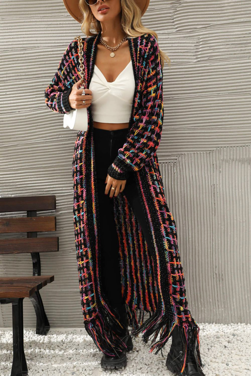 Multicolored Open Front Fringe Hem Cardigan - Brinxx Couture