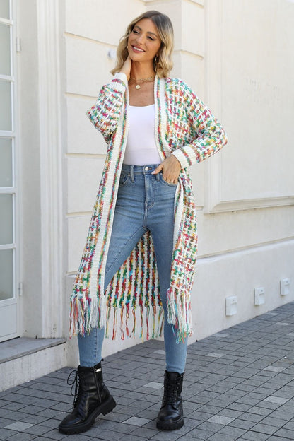 Multicolored Open Front Fringe Hem Cardigan - Brinxx Couture