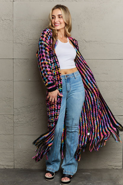 Multicolored Open Front Fringe Hem Cardigan - Brinxx Couture