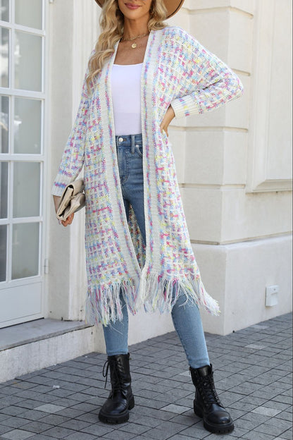 Multicolored Open Front Fringe Hem Cardigan - Brinxx Couture