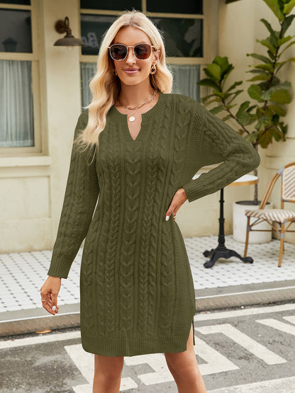 Notched Neck Cable-Knit Slit Sweater Dress - Brinxx Couture