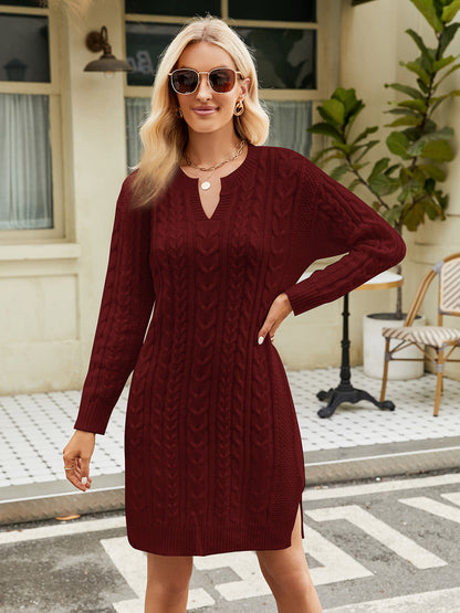 Notched Neck Cable-Knit Slit Sweater Dress - Brinxx Couture