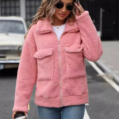 A stylish Lapel Large Pocket Zip-Up Plush Coat for women. this piece adds a touch of elegance to your outfit - Brinxx Couture