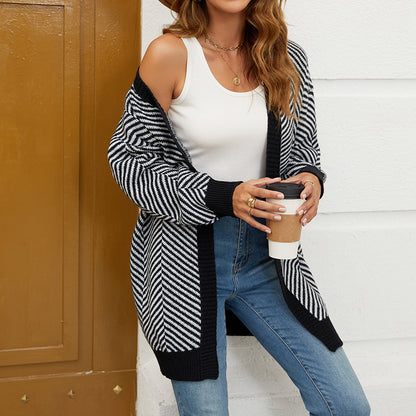 Striped Contrast Knitted Cardigan - Brinxx Couture