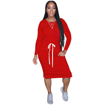 Drawstring Round Neck Long Sleeved Dress - Brinxx Couture