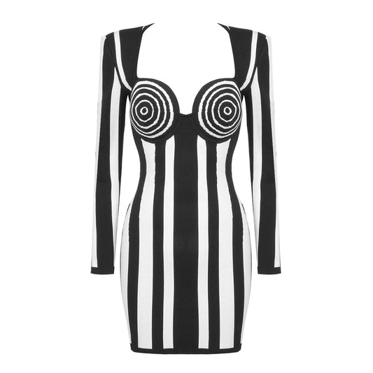 A stylish Black White Stripes Bandage One Piece Dress for women. this piece adds a touch of elegance to your outfit - Brinxx Couture