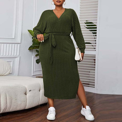 Plus Size V neck Lantern Sleeve Dress - Brinxx Couture