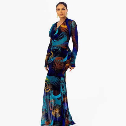 A stylish Printed Long Sleeve Bodycon Maxi Dress for women. this piece adds a touch of elegance to your outfit - Brinxx Couture