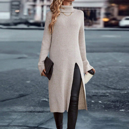 A stylish Turtleneck Long Sleeve Split Dress Sweater for women. this piece adds a touch of elegance to your outfit - Brinxx Couture