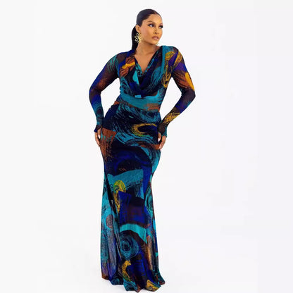 A stylish Printed Long Sleeve Bodycon Maxi Dress for women. this piece adds a touch of elegance to your outfit - Brinxx Couture