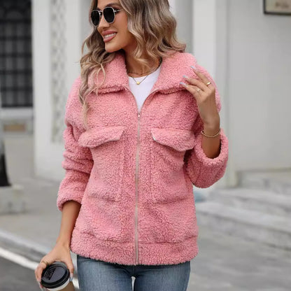 A stylish Lapel Large Pocket Zip-Up Plush Coat for women. this piece adds a touch of elegance to your outfit - Brinxx Couture