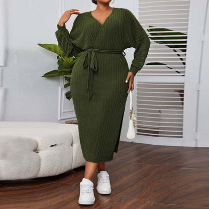 Plus Size V neck Lantern Sleeve Dress - Brinxx Couture