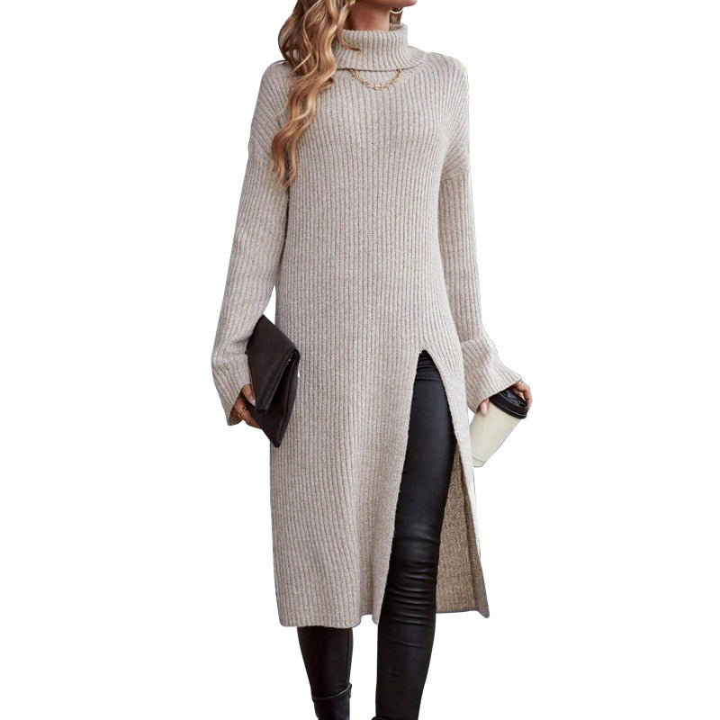 A stylish Turtleneck Long Sleeve Split Dress Sweater for women. this piece adds a touch of elegance to your outfit - Brinxx Couture