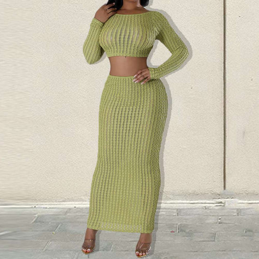 Backless Striped Long Sleeve Skirt Set - Brinxx Couture