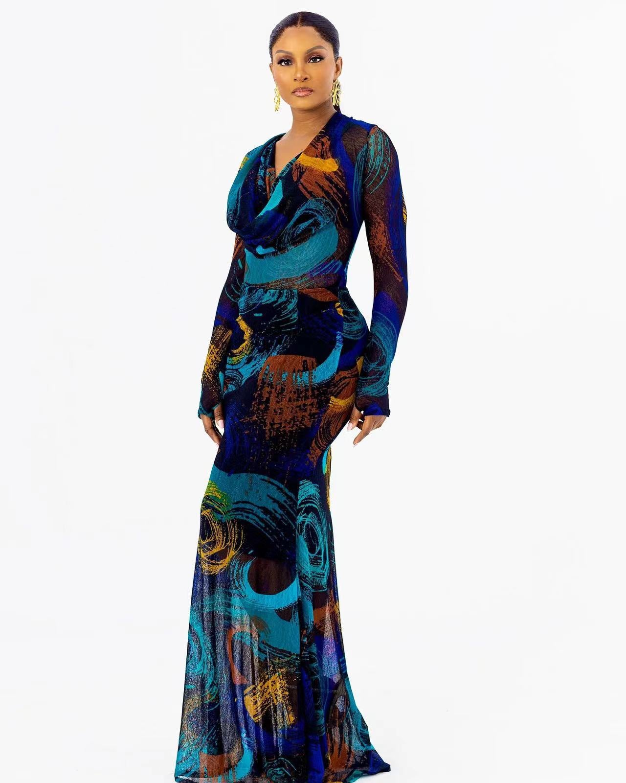 A stylish Printed Long Sleeve Bodycon Maxi Dress for women. this piece adds a touch of elegance to your outfit - Brinxx Couture