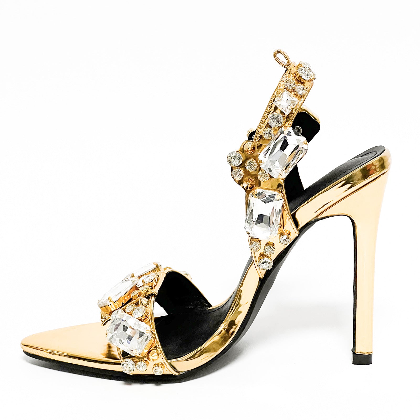 A stylish Gold Rivet Rhinestone Stiletto Heels for women. this piece adds a touch of elegance to your outfit - Brinxx Couture