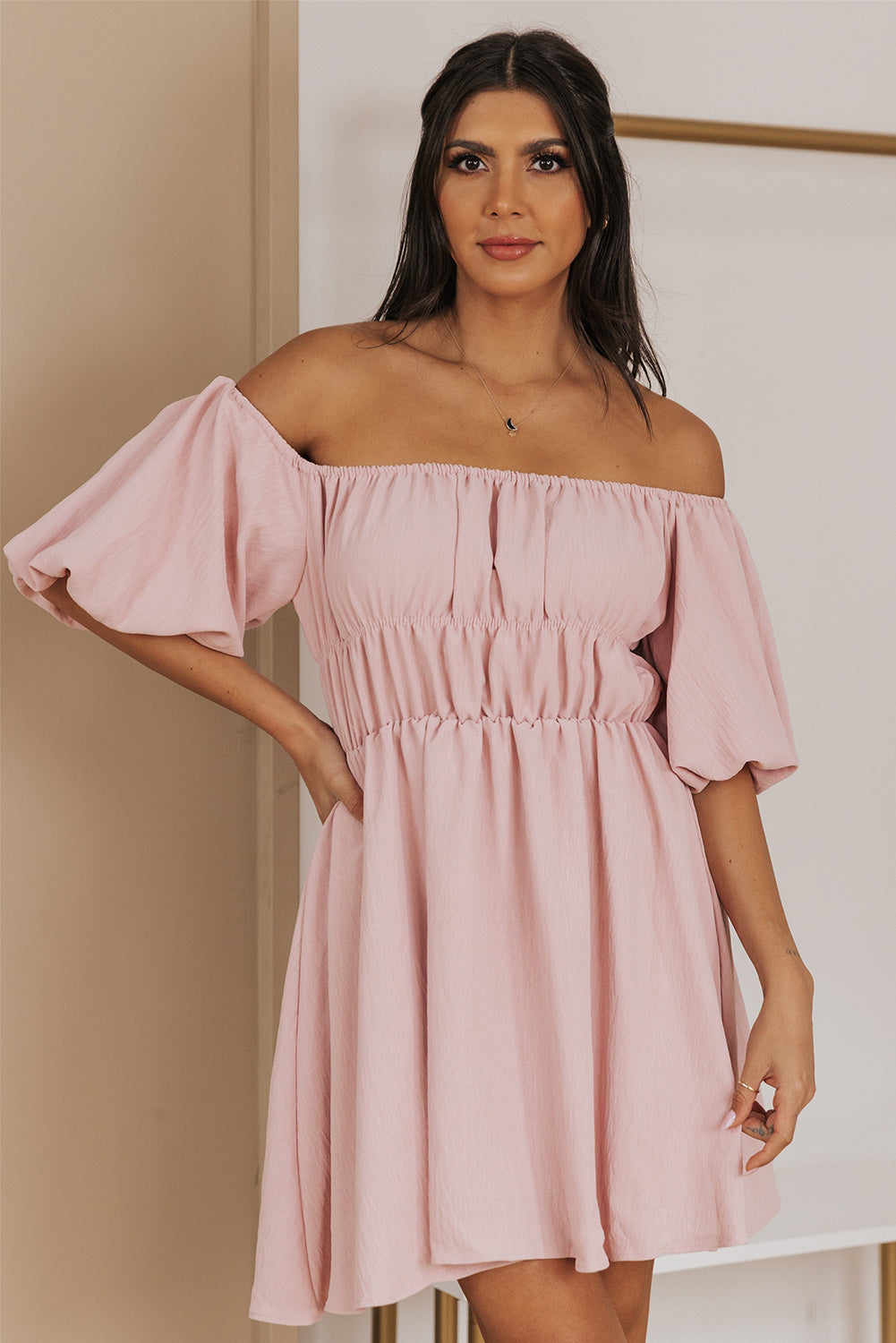 Off-Shoulder Balloon Sleeve Mini Dress - Brinxx Couture