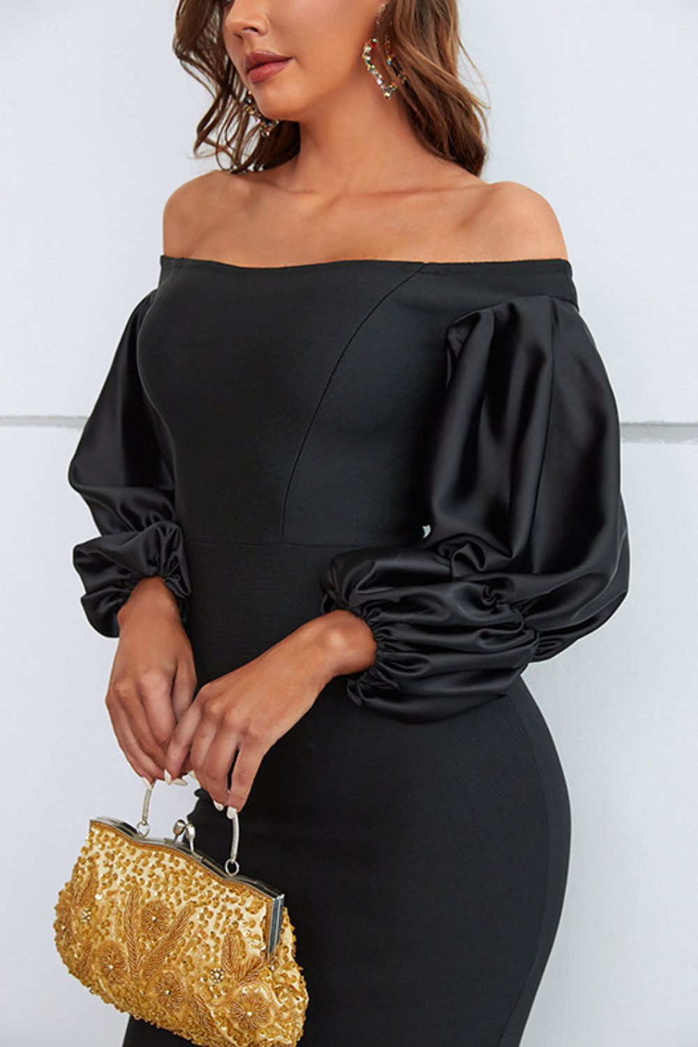 Off-Shoulder Bubble Sleeve Slit Dress - Brinxx Couture