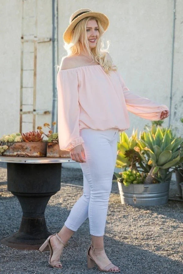 Off Shoulder Long Bubble Sleeve Solid Top - Brinxx Couture