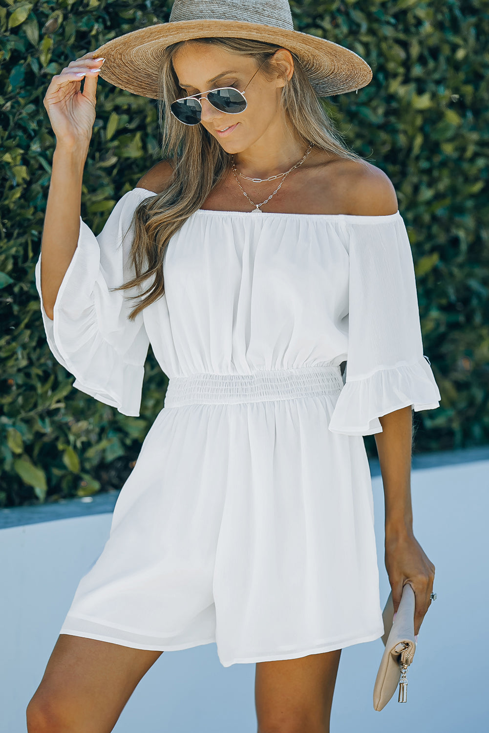 Off-Shoulder Smocked Waist Flounce Sleeve Romper - Brinxx Couture