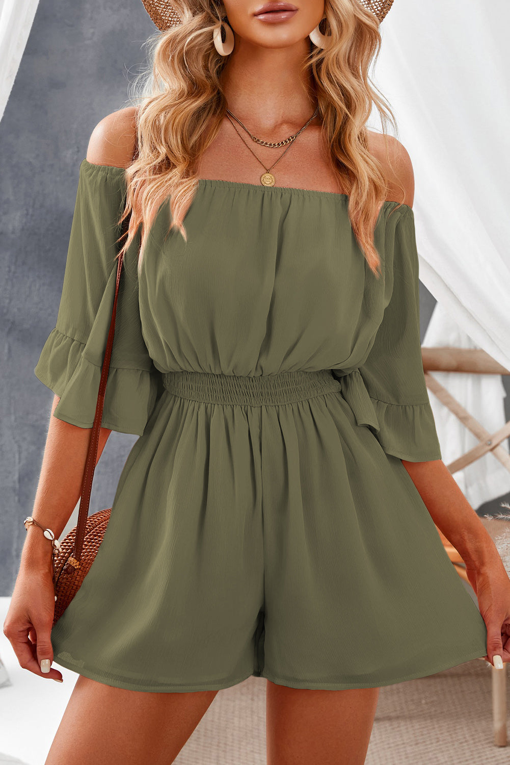 Off-Shoulder Smocked Waist Flounce Sleeve Romper - Brinxx Couture