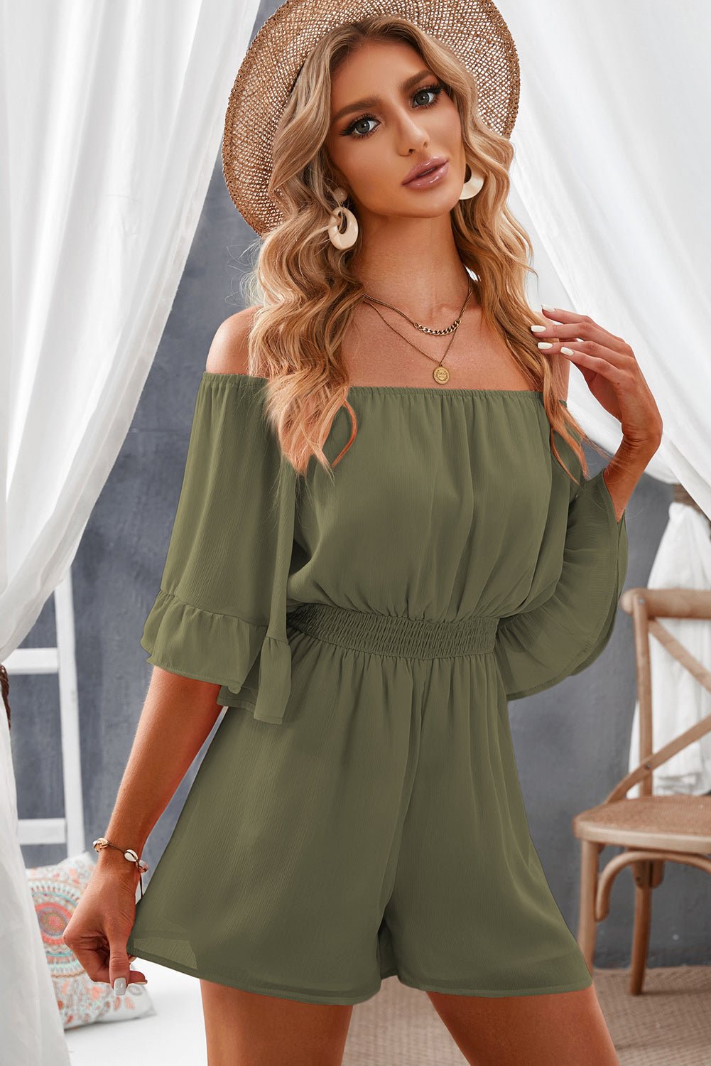 Off-Shoulder Smocked Waist Flounce Sleeve Romper - Brinxx Couture