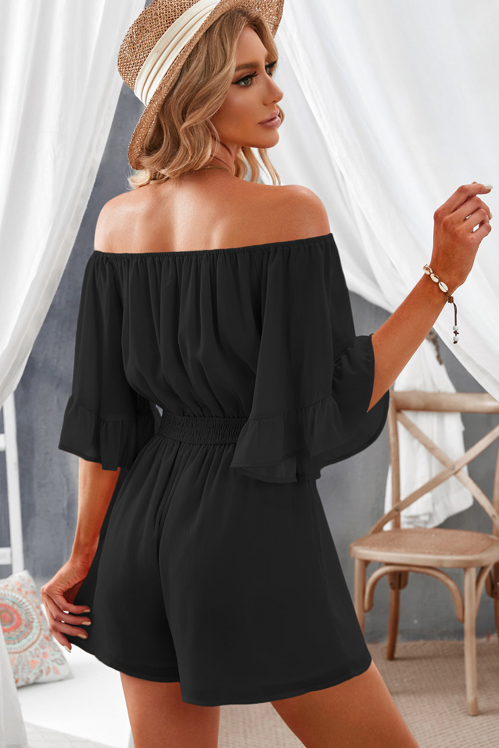 Off-Shoulder Smocked Waist Flounce Sleeve Romper - Brinxx Couture