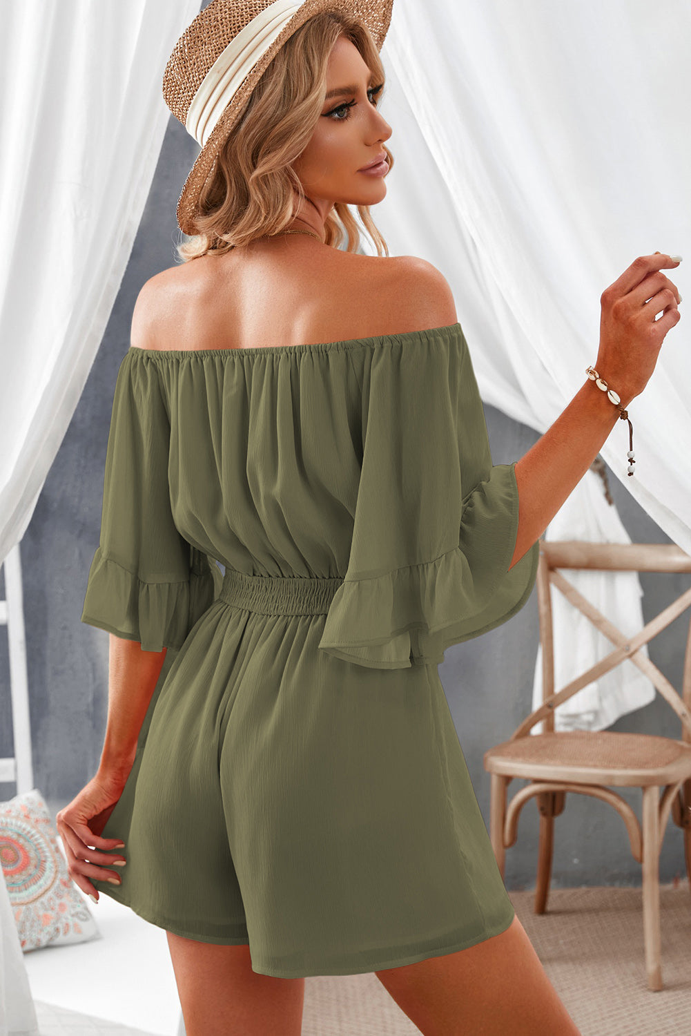 Off-Shoulder Smocked Waist Flounce Sleeve Romper - Brinxx Couture