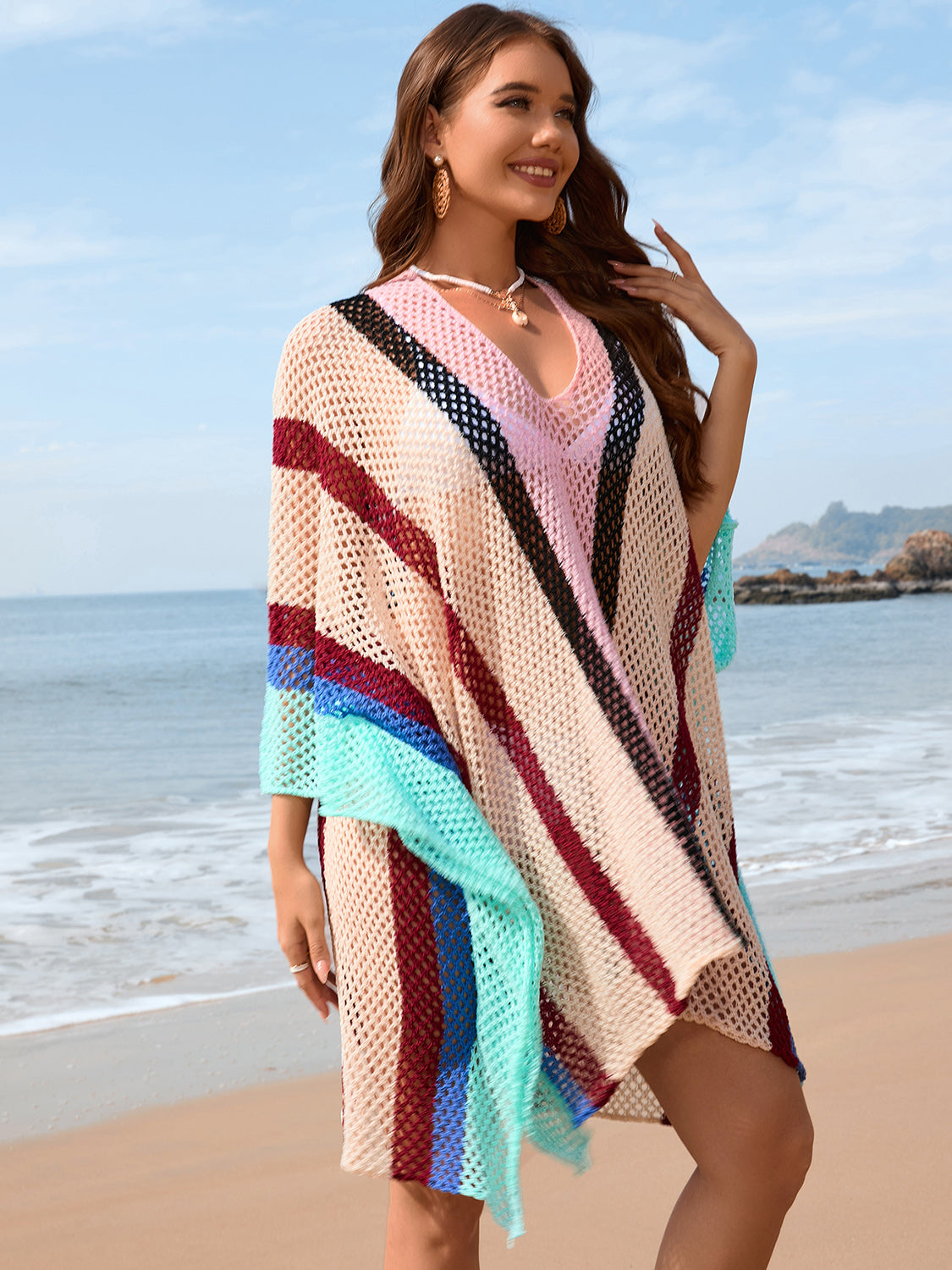 Openwork Color Block Plunge Cover-Up - Brinxx Couture