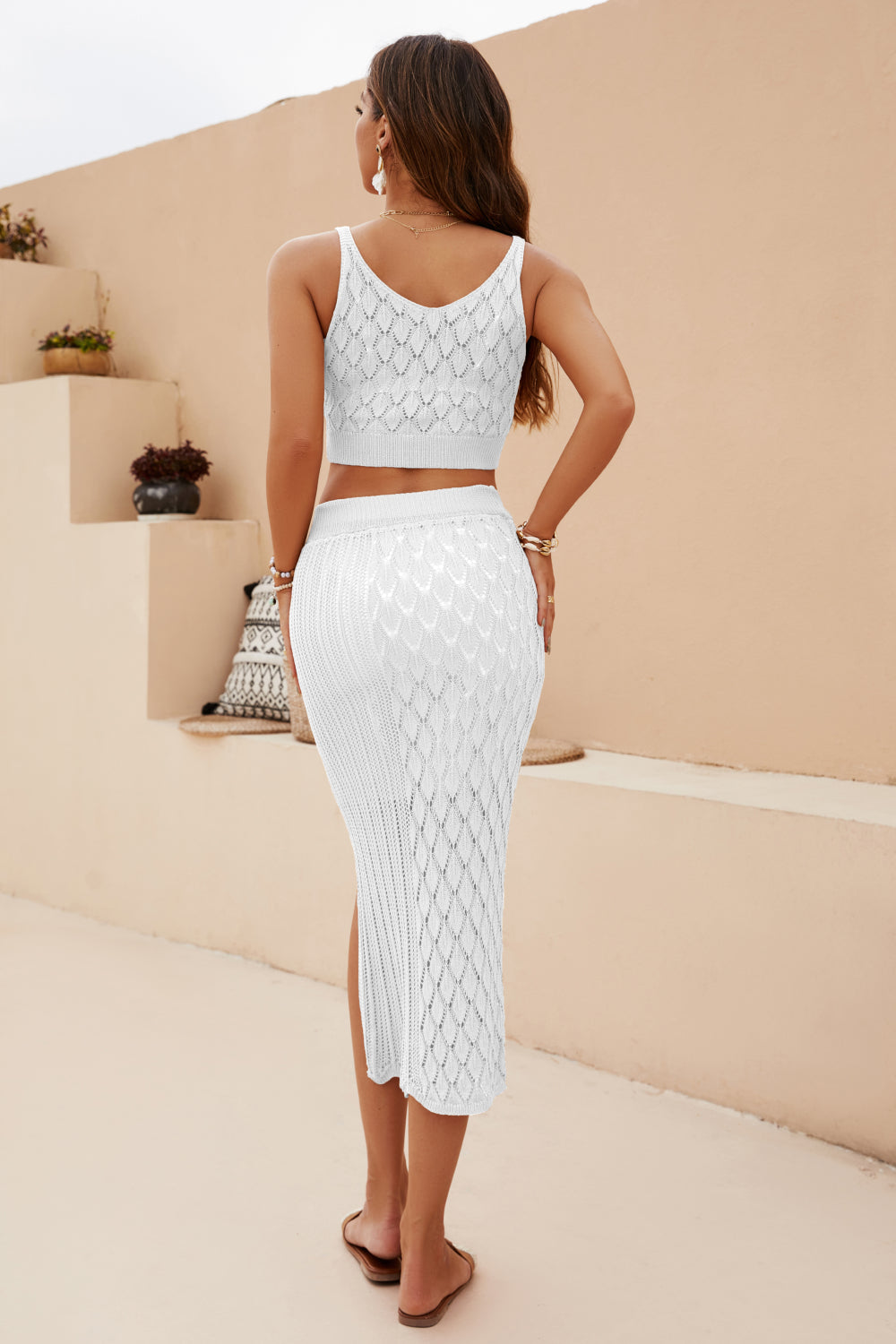 Openwork Cropped Tank and Split Skirt Set - Brinxx Couture