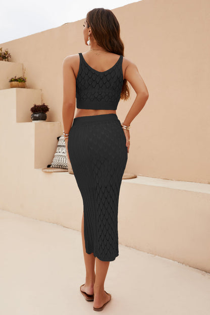 Openwork Cropped Tank and Split Skirt Set - Brinxx Couture