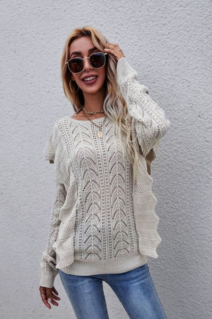 Openwork Round Neck Ruffled Sweater - Brinxx Couture