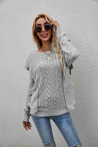 Openwork Round Neck Ruffled Sweater - Brinxx Couture