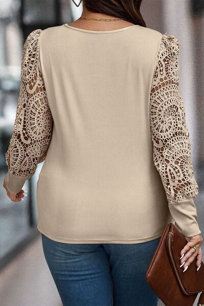 Openwork Scoop Neck Long Sleeve Blouse - Brinxx Couture