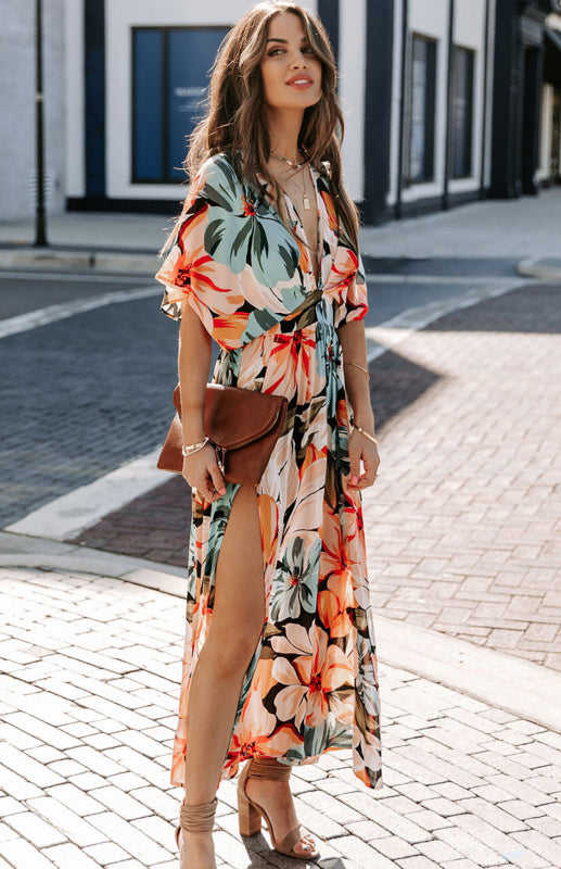 Orange Split Floral Kimono Long Dress - Brinxx Couture